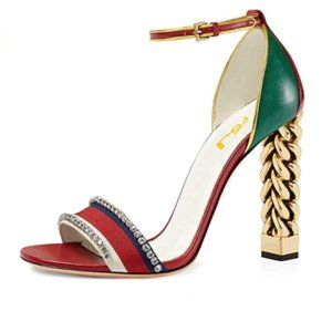 FSJ Gold Metal Chain Heel Ankle Strap Sandals